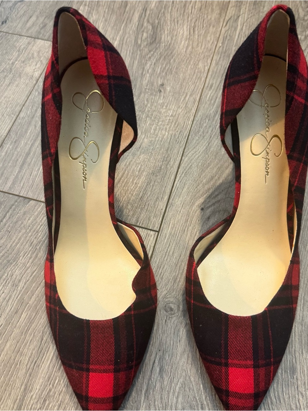 Jessica Simpson Red Plaid Pointed Toe D'Orsay Heels